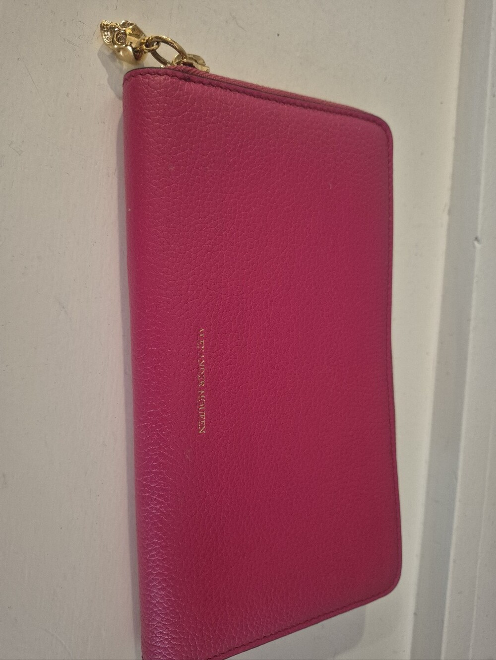 Mcqueen Bright Pink Zip-Around Leather Wallet with Gold Skull